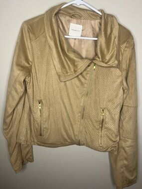 Thread & Supply Perforated Tan Faux Suede Moto Jacket